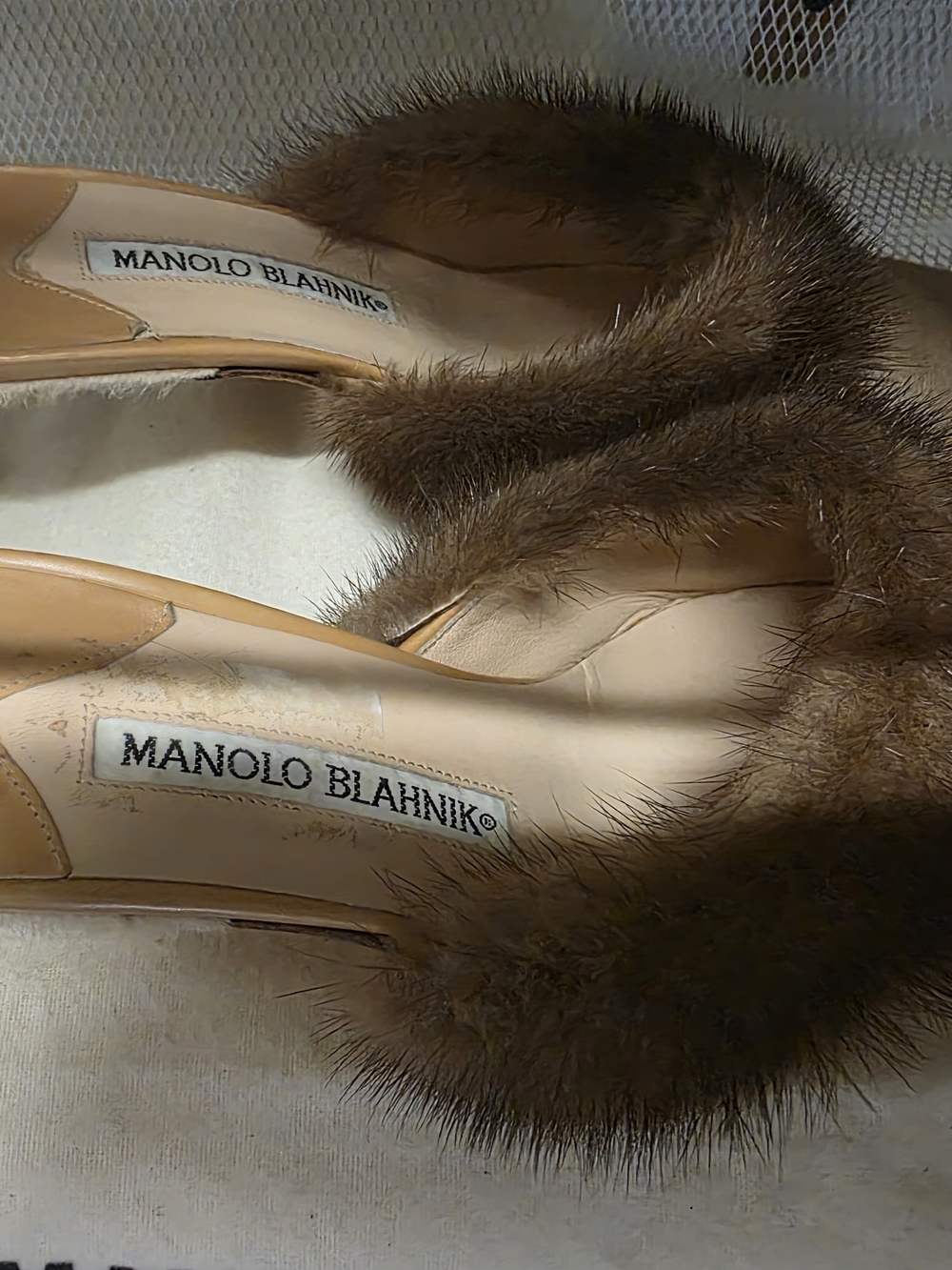 Manolo Blahnik Brown Fur-Trimmed Slip-On Mules
